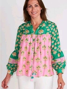 CK Bradley Green & Pink Floral Long Sleeve Viscose Peasant
Blouse